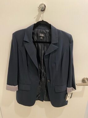 Navy Women's Blazer with Striped Cuff Detail